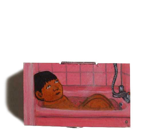 a man jumps out of a bath tub